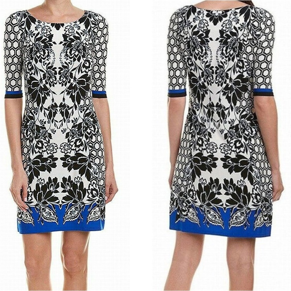 Eliza J. Floral and Graphic Mixed Pattern White Blue and Black Shift Dress NEW